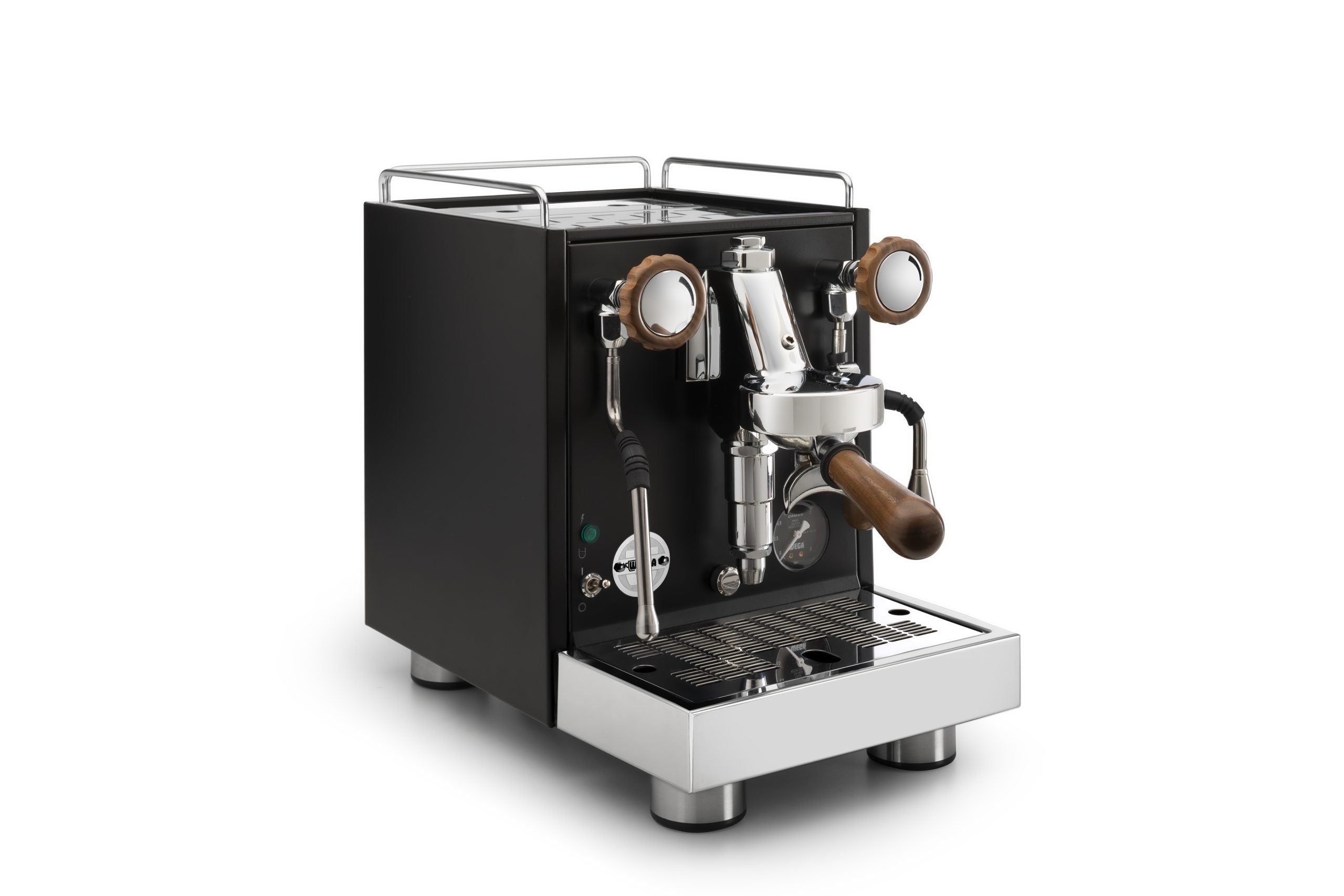 Wega W Mini Coffee Machine Bundle from Cirelli Coffee, a compact espresso machine package with professional brewing group, steam wand, hot water dispenser, adjustable spout, portafilters, tamper, milk jug, and cleaning accessories.