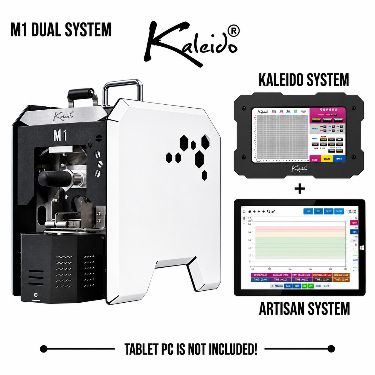 Kaleido M1 Dual System 200g Coffee Roaster from Cirelli Coffee, available in Gold, Black, Silver, and Blue, with Kaleido and Artisan compatibility, included Kaleido tablet, 50g to 200g roasting capacity, adjustable heat, fan and drum speed, infrared heating, USB and Bluetooth connection, chaff collection, and cooling fan.