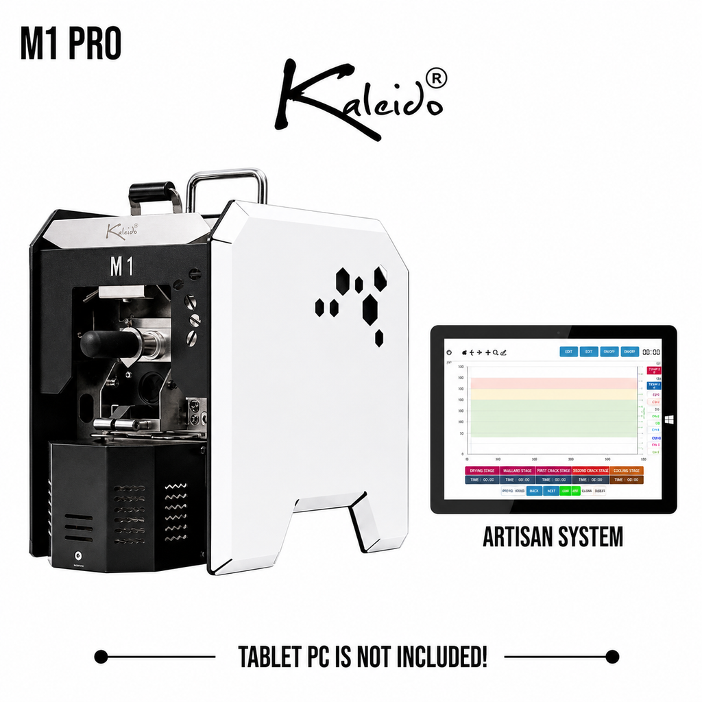 Kaleido M1 Pro 200g Coffee Roaster from Cirelli Coffee, available in Yellow, Black, White, and Blue, with Artisan compatibility, 50g to 200g roasting capacity, adjustable heat, fan and drum speed, infrared heating, USB and Bluetooth connection, automatic chaff collection, and cooling fan.