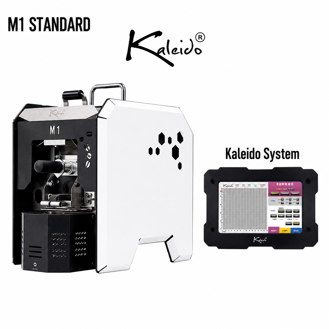 Kaleido M1 Standard 200g Coffee Roaster from Cirelli Coffee, available in Yellow, Black, White, and Blue, with Kaleido touchscreen control, 50g to 200g roasting capacity, 1000W heating, temperature profiling, automatic chaff collection, smoke extraction, fast cooling, and double safety protection.
