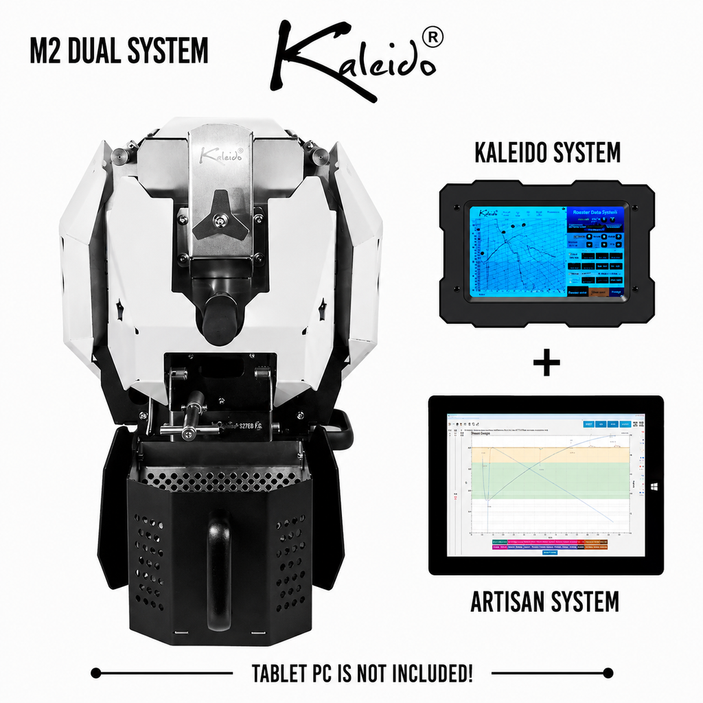 Kaleido M2 Dual System 400g Coffee Roaster from Cirelli Coffee, available in Black, White, Stainless Steel, and Bronze, with Kaleido and Artisan compatibility, included Kaleido tablet, 50g to 400g roasting capacity, adjustable heat, fan and drum speed, infrared heating, USB and Bluetooth connection, chaff collection, and cooling fan.