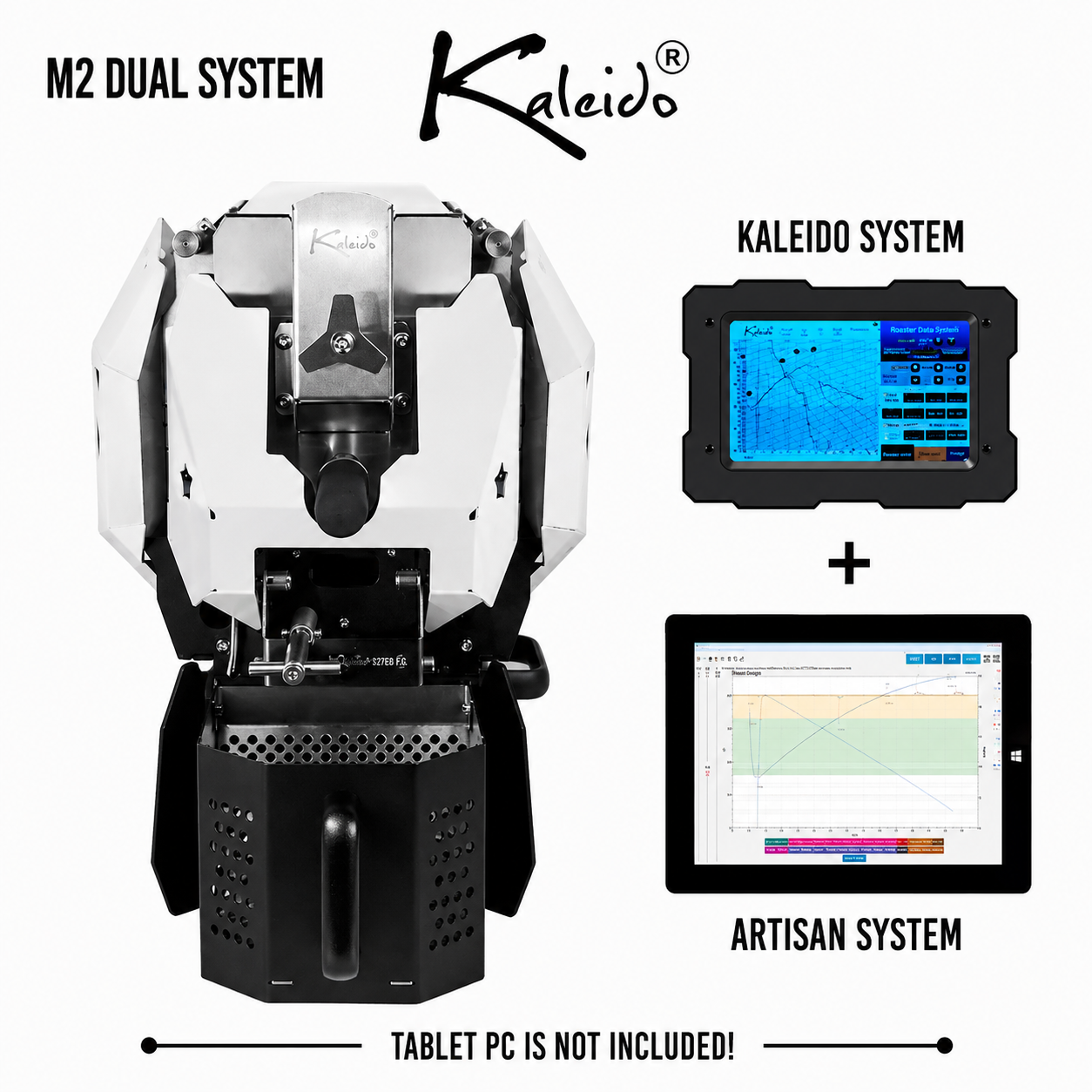 Kaleido M2 Dual System 400g Coffee Roaster from Cirelli Coffee, available in Black, White, Stainless Steel, and Bronze, with Kaleido and Artisan compatibility, included Kaleido tablet, 50g to 400g roasting capacity, adjustable heat, fan and drum speed, infrared heating, USB and Bluetooth connection, chaff collection, and cooling fan.