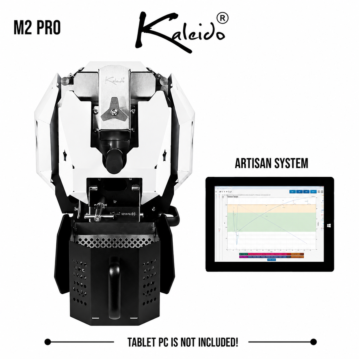 Kaleido M2 Pro 400g Coffee Roaster from Cirelli Coffee, available in Black, White, Stainless Steel, and Bronze, with Artisan compatibility, 50g to 400g roasting capacity, adjustable heat, fan and drum speed, infrared heating, USB and Bluetooth connection, automatic chaff collection, and cooling fan.