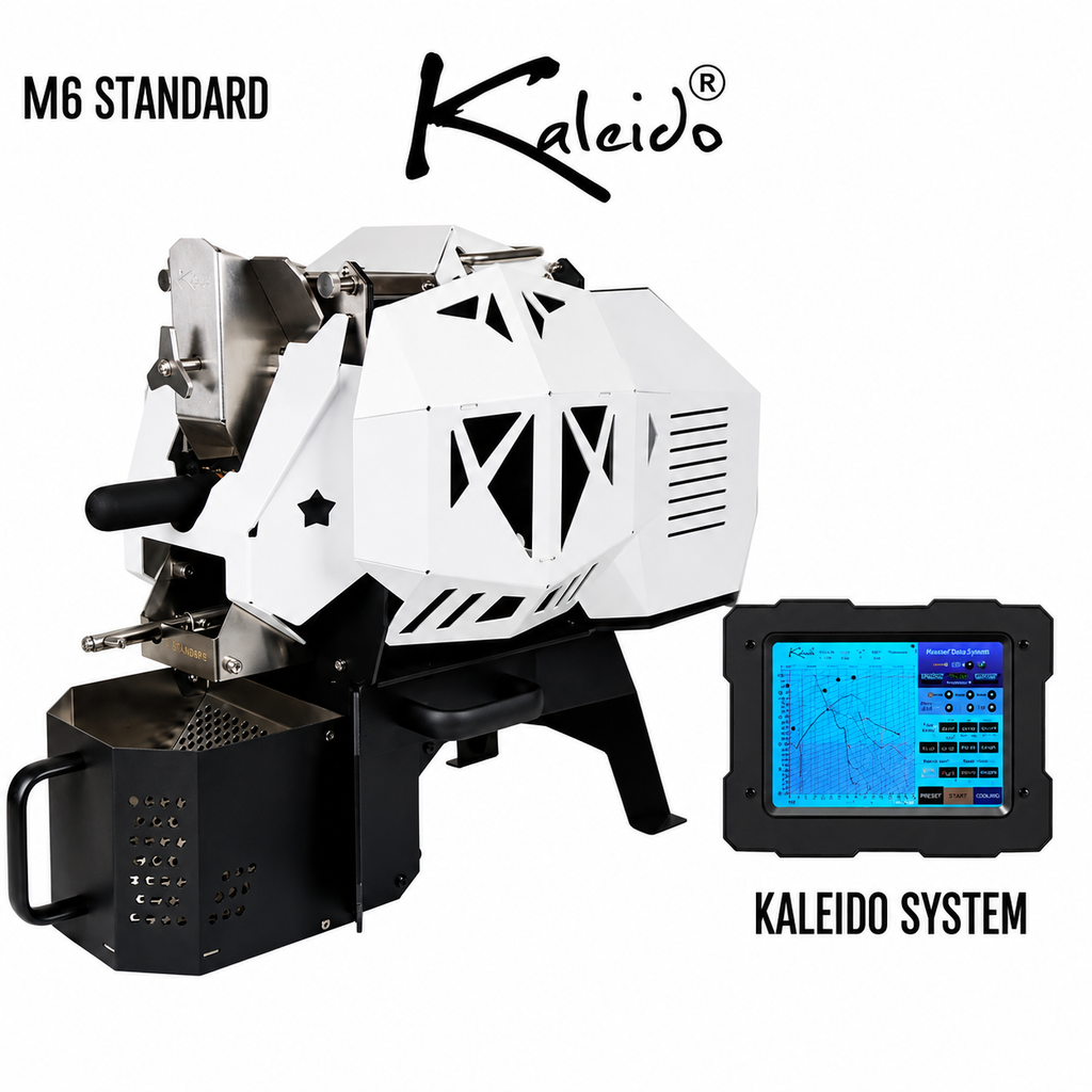 Kaleido M6 Standard 700g Coffee Roaster from Cirelli Coffee, available in Black, White, Stainless Steel, and Bronze, with Kaleido touchscreen control, 200g to 700g roasting capacity, adjustable heat, fan and drum speed, infrared heating, temperature probes, roast curve saving, automatic chaff collection, and cooling fan.