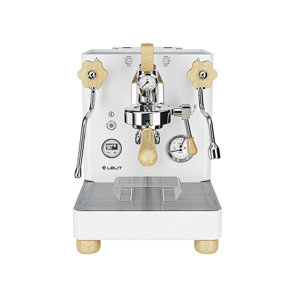 LELIT Bianca coffee machine from Cirelli Coffee, a premium dual boiler espresso machine with manual flow profiling paddle, L58E group head, LELIT Control Centre, movable water tank, anti-burn wands, and polished chrome, white, or black finishes.