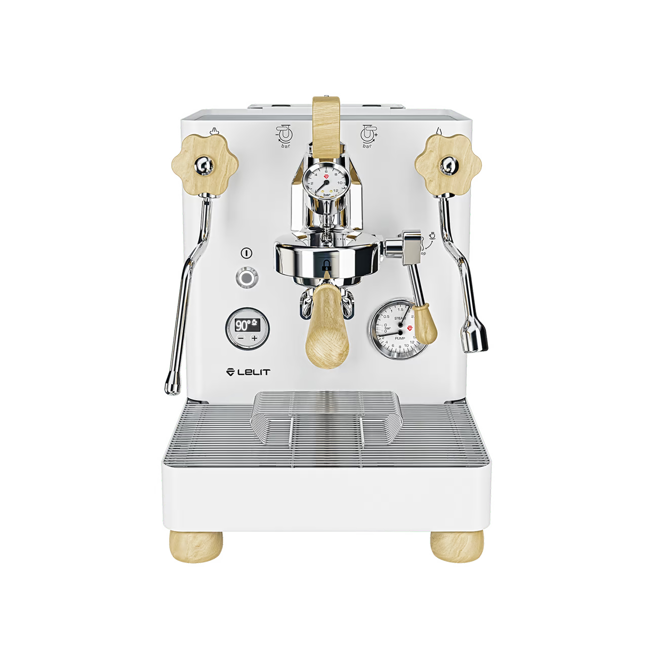LELIT Bianca coffee machine from Cirelli Coffee, a premium dual boiler espresso machine with manual flow profiling paddle, L58E group head, LELIT Control Centre, movable water tank, anti-burn wands, and polished chrome, white, or black finishes.