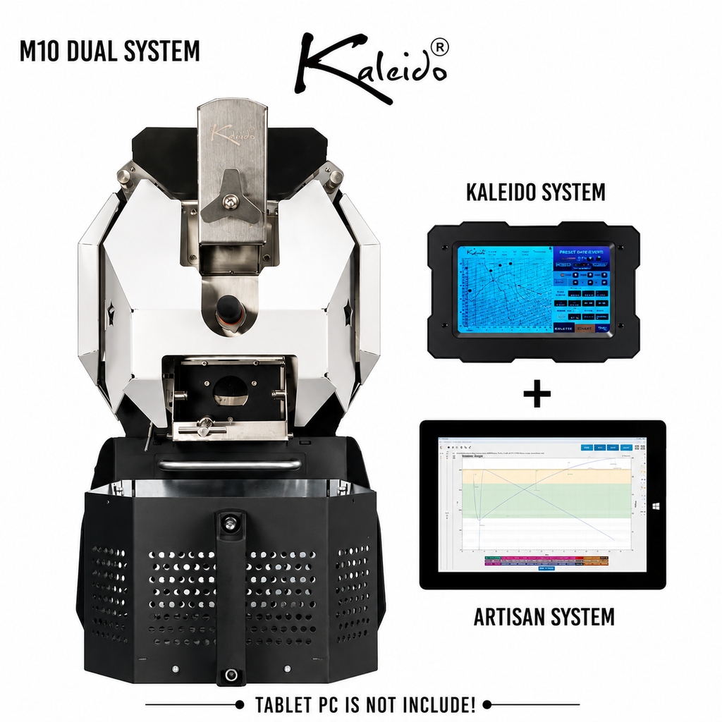 M10 Dual 1.2kg Coffee Roaster from Cirelli Coffee, available in Black, White, Stainless Steel, and Bronze, with Kaleido tablet, Artisan Bluetooth compatibility, 300g to 1200g roasting capacity, adjustable heat, fan and drum speed, infrared heating, roast curve saving, chaff collection, and automatic cooling fan.