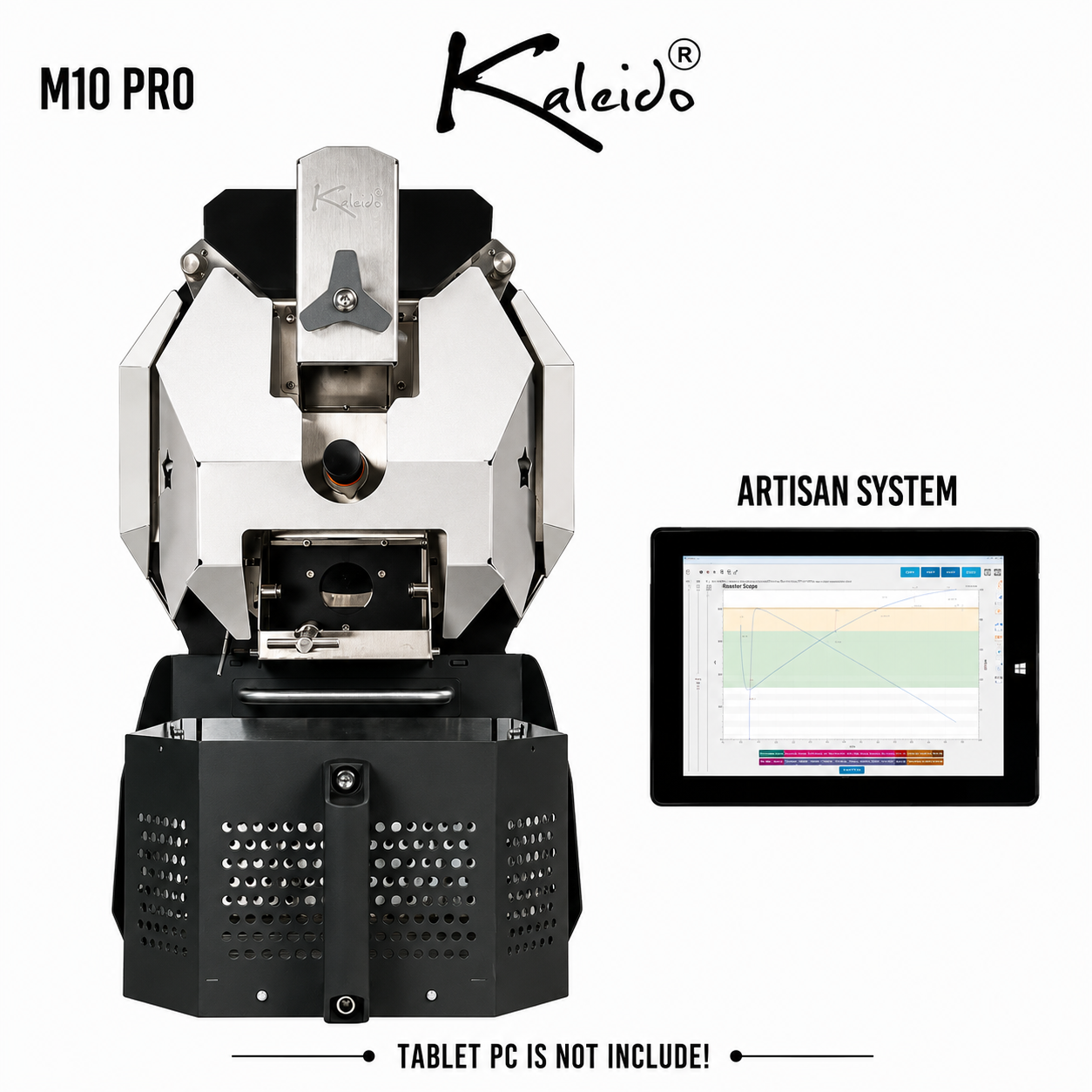 M10 Pro 1.2kg Coffee Roaster from Cirelli Coffee, available in Black, White, Stainless Steel, and Bronze, with Artisan compatibility, 300g to 1200g roasting capacity, adjustable heat, fan and drum speed, infrared heating, roast curve saving, automatic chaff collection, and cooling fan.