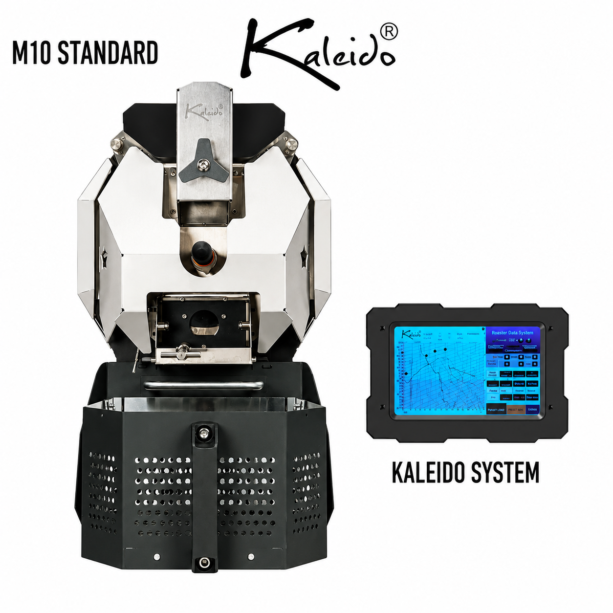 M10 Standard 1.2kg Coffee Roaster from Cirelli Coffee, available in Black, White, Stainless Steel, and Bronze, with Kaleido touchscreen control, 300g to 1200g roasting capacity, 2600W heating, temperature profiling, patented sampler, automatic chaff collection, smoke extraction, and rapid cooling.