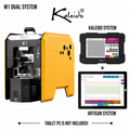 Kaleido M1 Dual System 200g Coffee Roaster from Cirelli Coffee, available in Gold, Black, Silver, and Blue, with Kaleido and Artisan compatibility, included Kaleido tablet, 50g to 200g roasting capacity, adjustable heat, fan and drum speed, infrared heating, USB and Bluetooth connection, chaff collection, and cooling fan.