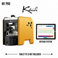 Kaleido M1 Pro 200g Coffee Roaster from Cirelli Coffee, available in Yellow, Black, White, and Blue, with Artisan compatibility, 50g to 200g roasting capacity, adjustable heat, fan and drum speed, infrared heating, USB and Bluetooth connection, automatic chaff collection, and cooling fan.
